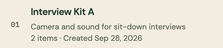 Enlarged: Interview Kit A, camera and sound for sit-down interviews, 2 items, created Sep 28, 2026