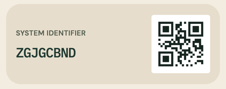 An item’s system identifier, ZGJGCBND, next to its QR code