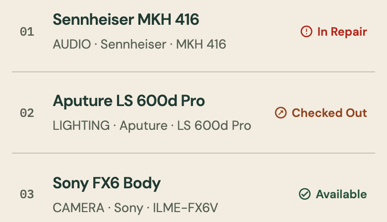 Three inventory rows: Sennheiser MKH 416 in repair, Aputure LS 600d Pro checked out, Sony FX6 body available