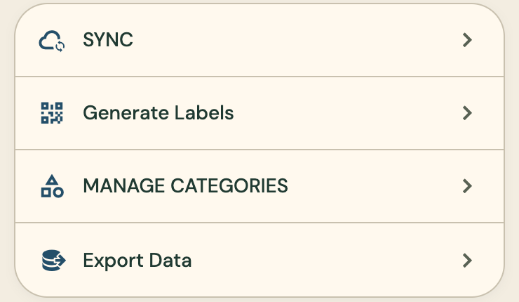 Profile tools: Sync, Generate Labels, Manage Categories and Export Data