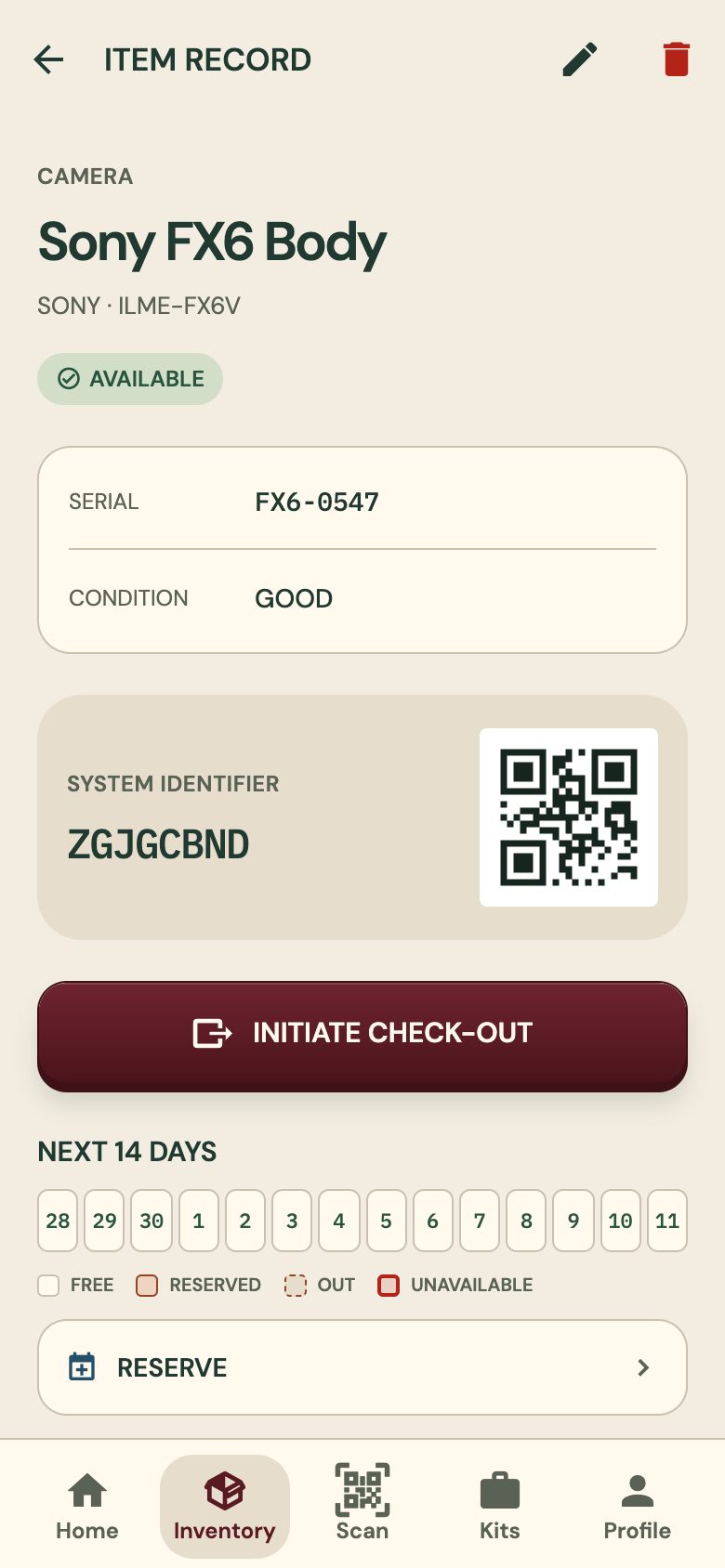 Item record for a Sony FX6 body: serial FX6-0547, condition good, its QR code, an Initiate check-out button and the next 14 days
