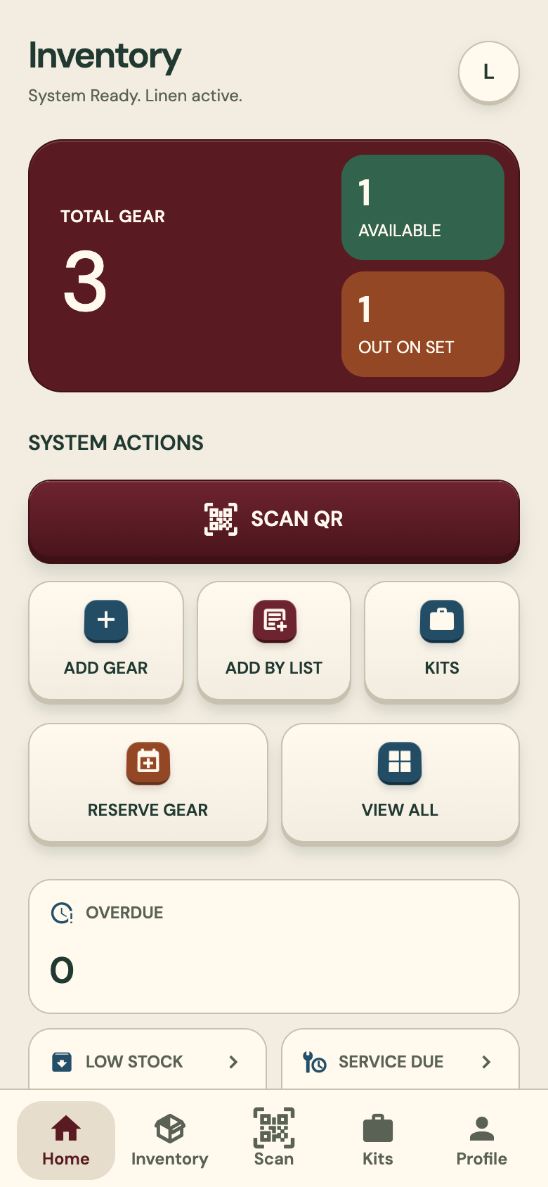 Home screen: total gear, available and out on set, Scan QR, and shortcuts to add gear, add by list, kits, reserve gear and view all