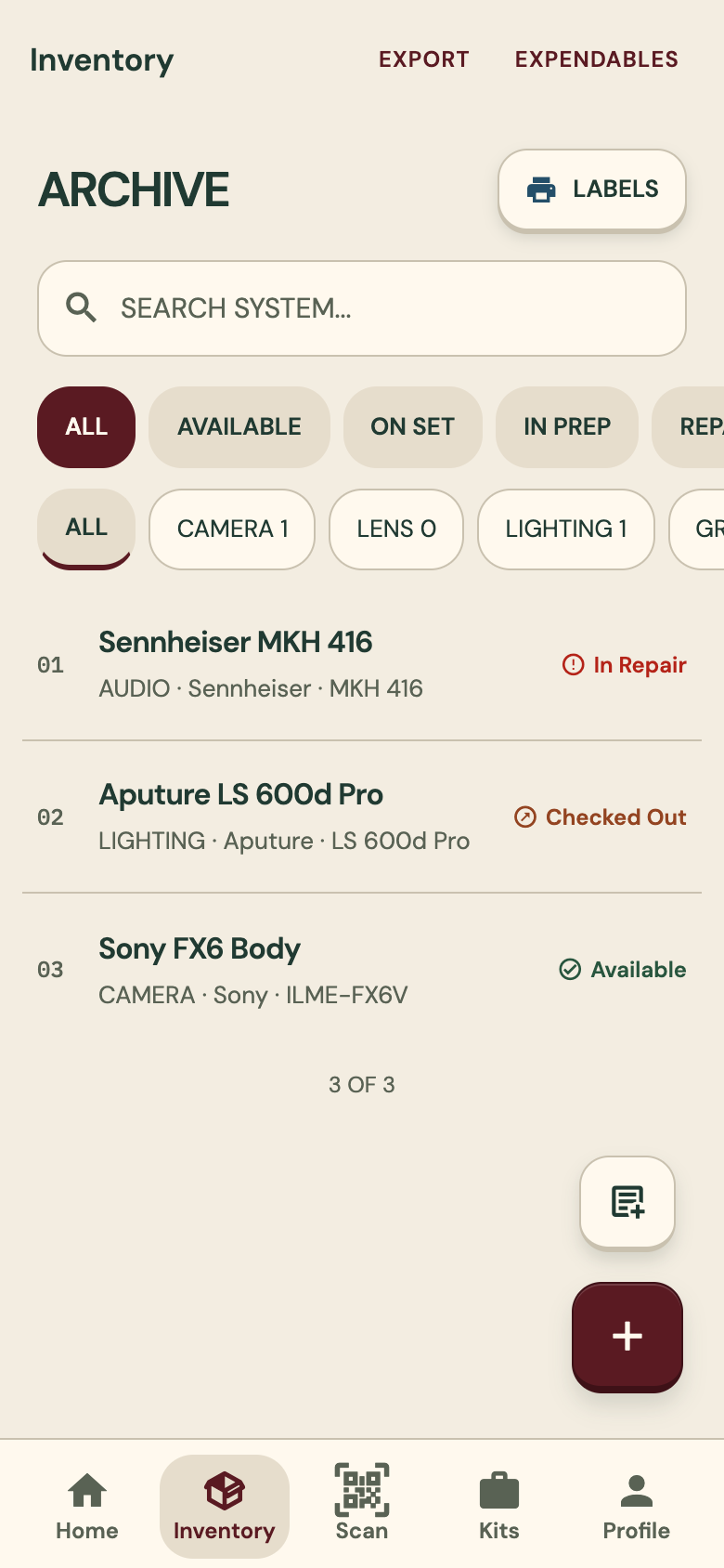 Inventory list with status and category filters and three items: in repair, checked out and available