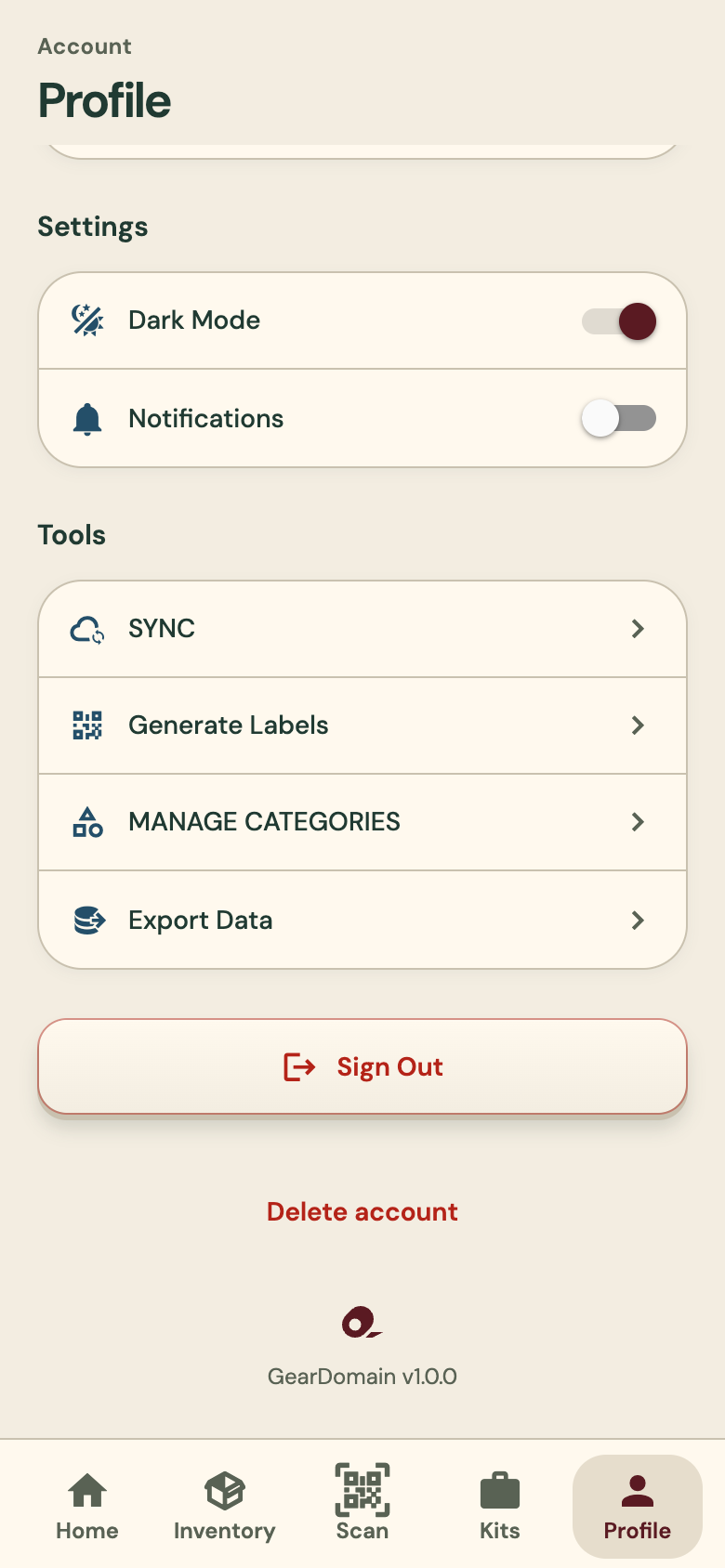 Profile screen with dark mode and notifications settings, and tools for sync, generating labels, managing categories and exporting data
