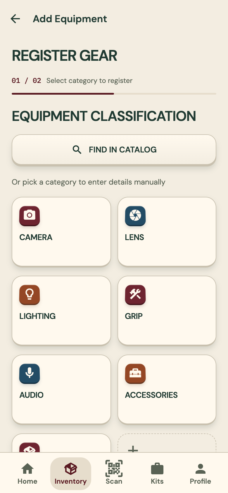 Add Equipment screen: Find in catalog, or pick a category such as camera, lens, lighting, grip, audio or accessories