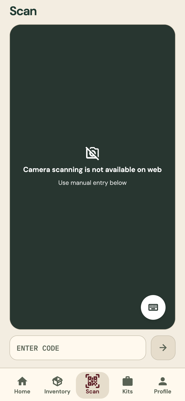 Scan screen in the web app, saying camera scanning is not available on web, with a field to enter a code by hand