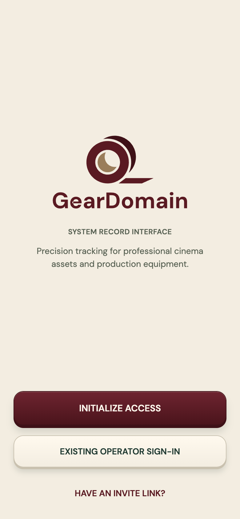 GearDomain welcome screen with the tape-roll logo, buttons to create access or sign in, and a Have an invite link? option